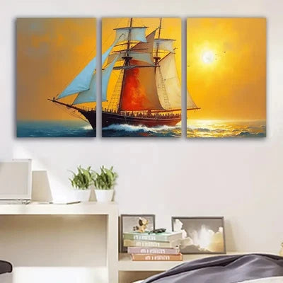 3pcs Nautical Sailboat at Sunset Ocean Scene Wall Art Set Canvas Framed 50x70cm - High Quality Print 100% Australian Made Wall Canvas Ready to Hang