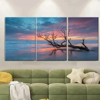 3pcs Tree Branch Beach Sunset Scene Wall Art Set Canvas Framed 50x70cm - High Quality Print 100% Australian Made Wall Canvas Ready to Hang