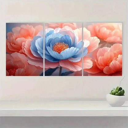 3pcs Pink and Blue Peony Petals Flower SO    Wall Art Set Canvas Framed 50x70cm - High Quality Print 100% Australian Made Wall Canvas Ready to Hang