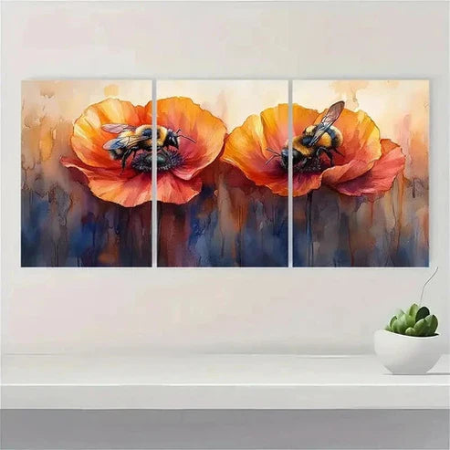 3pcs Bumblebee Painting Poppy  Wall Art Set Canvas Unframed - High Quality Print 100% Australian Made Wall Canvas - Bella Home Decor