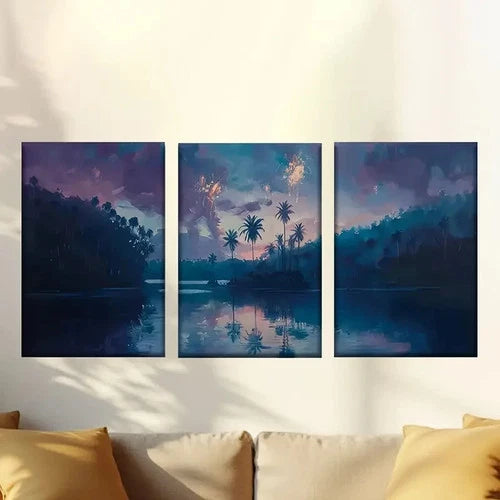 3pcs Enchanting Sunset Fireworks & Serene Lake Wall Art Set Canvas Framed 50x70cm - High Quality Print 100% Australian Made Wall Canvas Ready to Hang