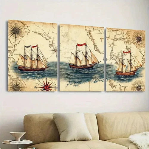 3pcs Vintage Nautical Map Wall Art Set Canvas Framed 40x60cm - High Quality Print 100% Australian Made Wall Canvas Ready to Hang