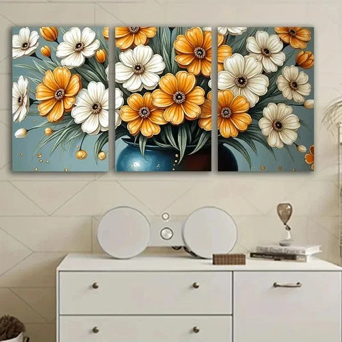 3pcs Yellow And White Floral Artwork Wall Art Set Canvas Framed 60x90cm - High Quality Print 100% Australian Made Wall Canvas Ready to Hang