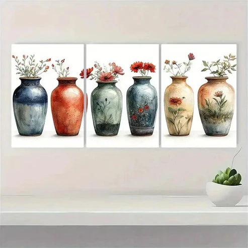 3pcs Antique Vases Botanical Plant Illustra Wall Art Set Canvas Unframed - High Quality Print 100% Australian Made Wall Canvas