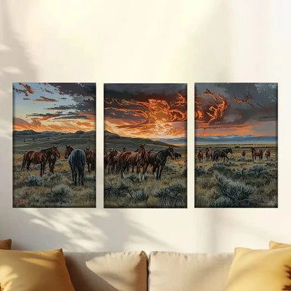 3pcs Horses on the Grassland Wall Art Set Canvas Framed 40x60cm - High Quality Print 100% Australian Made Wall Canvas Ready to Hang