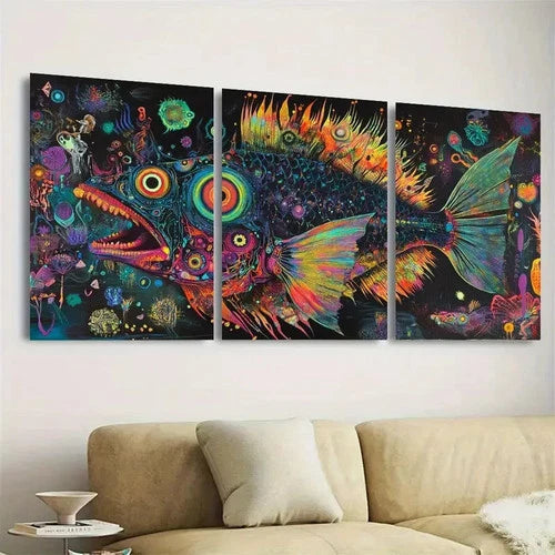 3pcs Psychedelic black fish Wall Art Set Canvas Framed 60x90cm - High Quality Print 100% Australian Made Wall Canvas Ready to Hang