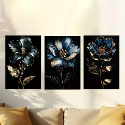 3pcs Portrait Black and Blue Flowers Wall Art Canvas Unframed – High Quality Print 100% Australian Made Wall Canvas