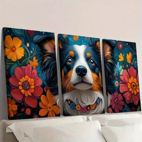 3pcs Vibrant Dog Floral & Jewelry Design Wall Art Set Canvas Unframed - High Quality Print 100% Australian Made Wall Canvas