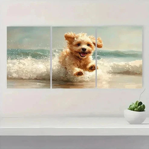 3pcs Dog on Beach Painting Wall Art Set Canvas Unframed - High Quality Print 100% Australian Made Wall Canvas