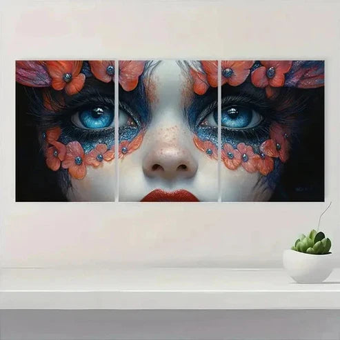 3pcs Vibrant Blue Eyes & Floral Design J Wall Art Set Canvas Unframed - High Quality Print 100% Australian Made Wall Canvas - Bella Home Decor