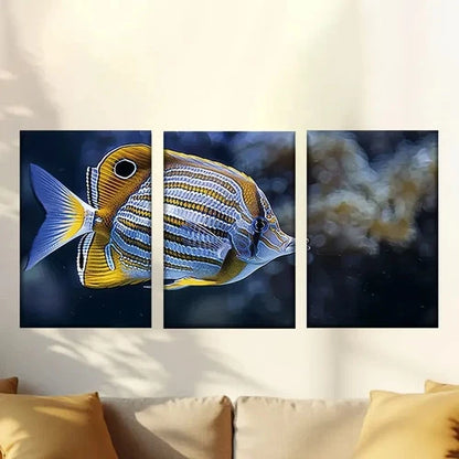 3pcs Vibrant Tropical Fish with Blue & Yellow Wall Art Set Canvas Framed 60x90cm - High Quality Print 100% Australian Made Wall Canvas Ready to Hang