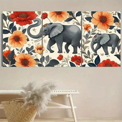 3pcs Elephants and Flowers Wall Art Set Canvas Unframed – High Quality Print 100% Australian Made Wall Canvas - Bella Home Decor