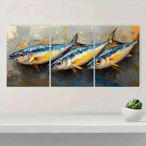 3pcs Vibrant Blue & Orange Fish KL  Wall Art Set Canvas Framed 60x90cm - High Quality Print 100% Australian Made Wall Canvas Ready to Hang