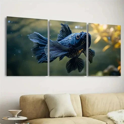 3pcs Vibrant Black Fish Wall Art Set Canvas Unframed - High Quality Print 100% Australian Made Wall Canvas - Bella Home Decor
