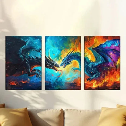 3pcs Interesting Dragon Battle Wall Art Canvas Unframed – High Quality Print 100% Australian Made Wall Canvas