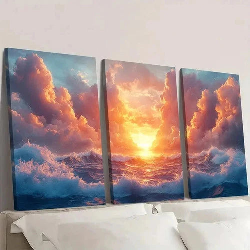 3pcs Blue Ocean Waves & Vibrant Sky S  Wall Art Set Canvas Framed 50x70cm - High Quality Print 100% Australian Made Wall Canvas Ready to Hang - Bella Home Decor