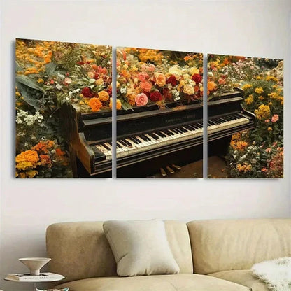 3pcs Enchanting Piano & Floral Wall Art Set Canvas Framed 50x70cm - High Quality Print 100% Australian Made Wall Canvas Ready to Hang