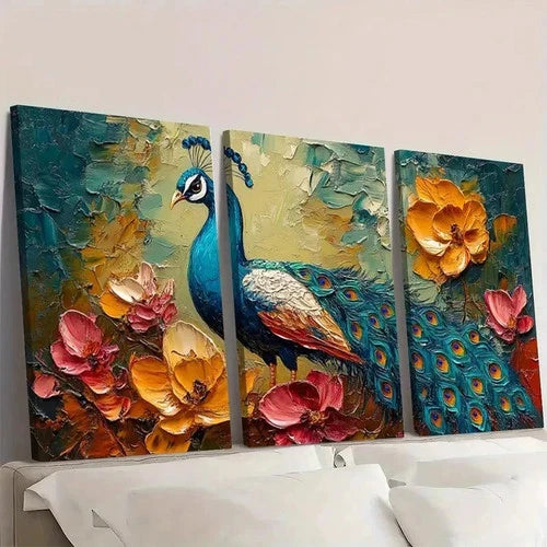 3pcs Vibrant Peacock Canvas Art RO  Wall Art Set Canvas Framed 50x70cm - High Quality Print 100% Australian Made Wall Canvas Ready to Hang - Bella Home Decor