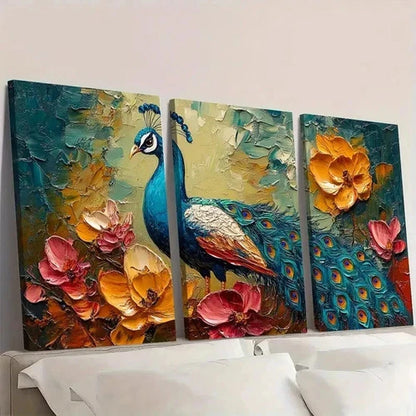 3pcs Vibrant Peacock Canvas Art RO  Wall Art Set Canvas Framed 50x70cm - High Quality Print 100% Australian Made Wall Canvas Ready to Hang - Bella Home Decor