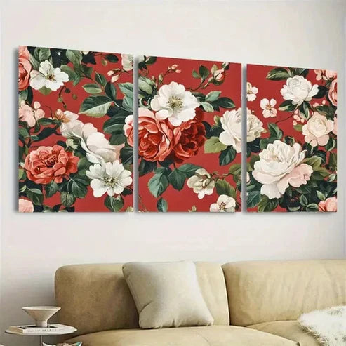 3pcs Elegant Pink & White Roses Design on Red Wall Art Set Canvas Unframed - High Quality Print 100% Australian Made Wall Canvas - Bella Home Decor