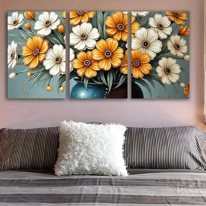 3pcs Yellow And White Floral Artwork Wall Art Set Canvas Framed 60x90cm - High Quality Print 100% Australian Made Wall Canvas Ready to Hang