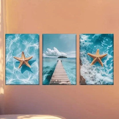 3pcs Starfish And Seaside Scenery  Wall Art Set Canvas Framed 60x90cm - High Quality Print 100% Australian Made Wall Canvas Ready to Hang