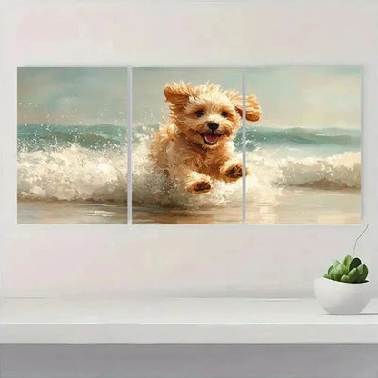 3pcs Dog on Beach Painting EY  Wall Art Set Canvas Framed 50x70cm - High Quality Print 100% Australian Made Wall Canvas Ready to Hang - Bella Home Decor