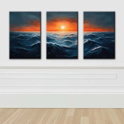3pcs Abstract Ocean Waves And Sun Wall Art Set Canvas Framed 50x70cm - High Quality Print 100% Australian Made Wall Canvas Ready to Hang - Bella Home Decor