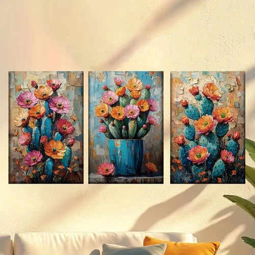 3pcs Vibrant Cactus & Flower Design Blue Pot Wall Art Set Canvas Framed 40x60cm - High Quality Print 100% Australian Made Wall Canvas Ready to Hang