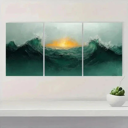 3pcs Green Minimalist Waves & Sunset  Wall Art Set Canvas Unframed - High Quality Print 100% Australian Made Wall Canvas - Bella Home Decor