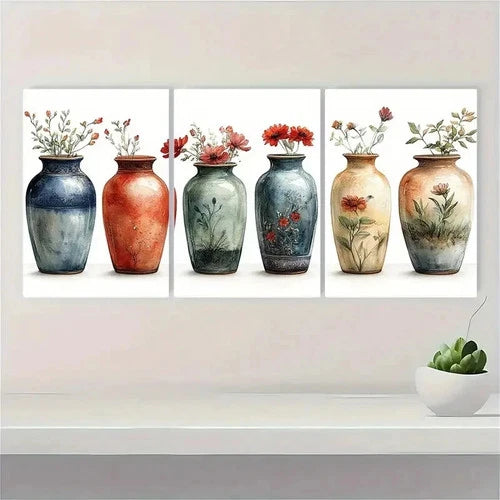 3pcs Antique Vases Botanical Plant Illustra L Wall Art Set Canvas Framed 50x70cm - High Quality Print 100% Australian Made Wall Canvas Ready to Hang - Bella Home Decor