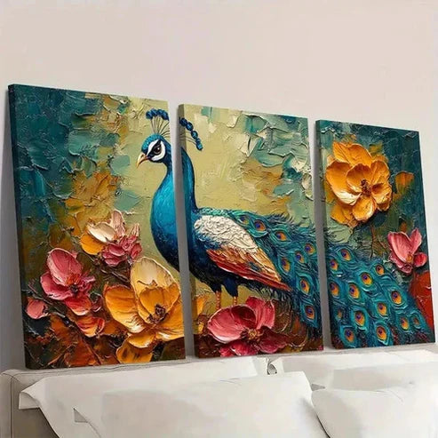 3pcs Vibrant Peacock Canvas Art Wall Art Set Canvas Unframed - High Quality Print 100% Australian Made Wall Canvas - Bella Home Decor