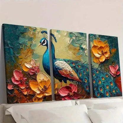 3pcs Vibrant Peacock Canvas Art Wall Art Set Canvas Unframed - High Quality Print 100% Australian Made Wall Canvas - Bella Home Decor