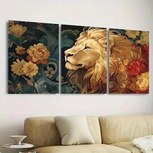 3pcs Vibrant Floral and Golden Lion Wall Art Set Canvas Framed 60x90cm - High Quality Print 100% Australian Made Wall Canvas Ready to Hang