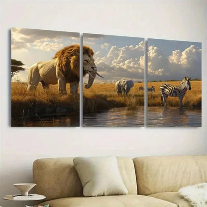 3pcs Majestic Lion, Elephant & Zebra Wall Art Set Canvas Framed 40x60cm - High Quality Print 100% Australian Made Wall Canvas Ready to Hang