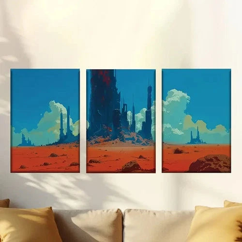 3pcs Vibrant Sci-Fi Cityscape Posters Wall Art Set Canvas Framed 50x70cm - High Quality Print 100% Australian Made Wall Canvas Ready to Hang