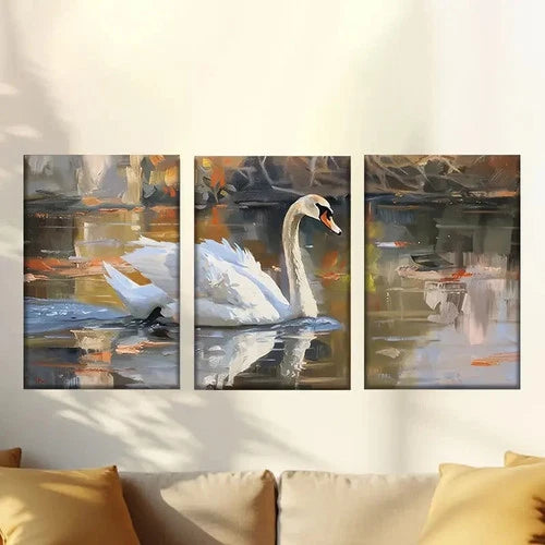 3pcs Vibrant White Swan in Autumnal Landscape Wall Art Set Canvas Framed 40x60cm - High Quality Print 100% Australian Made Wall Canvas Ready to Hang