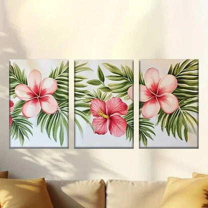 3pcs Vibrant Pink Hibiscus & Green Leaves Wall Art Set Canvas Framed 60x90cm - High Quality Print 100% Australian Made Wall Canvas Ready to Hang