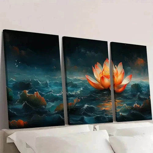 3pcs Lotus Art with Vibrant Colors D Wall Art Set Canvas Framed 40x60cm - High Quality Print 100% Australian Made Wall Canvas Ready to Hang