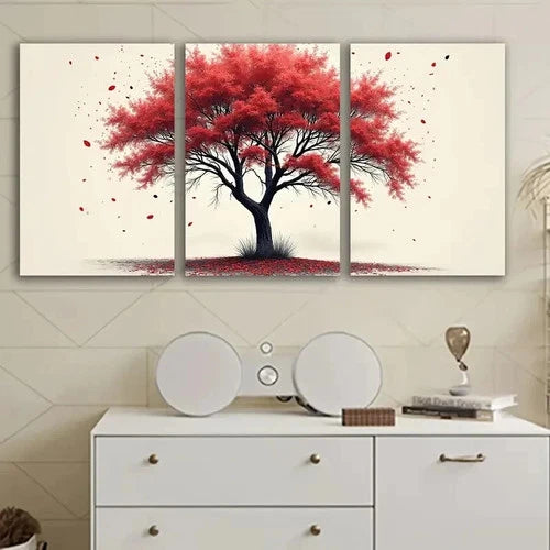 3pcs Red Tree With Falling Leaves Wall Art Set Canvas Framed 50x70cm - High Quality Print 100% Australian Made Wall Canvas Ready to Hang