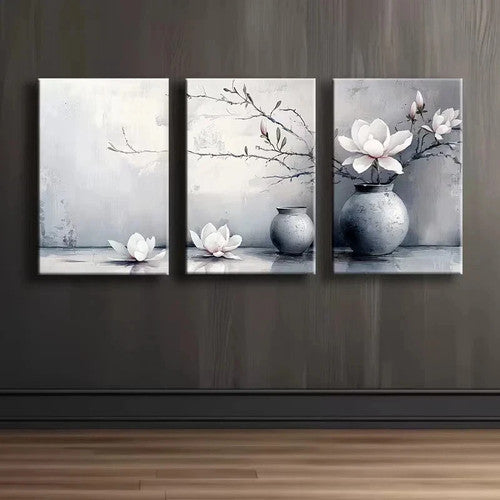 3pcs Magnolia flowers and Vases Metal Print Ready to Hang Art