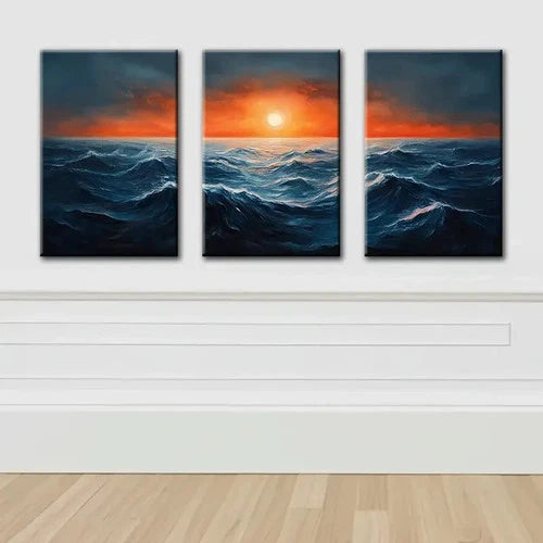 3pcs Abstract Ocean Waves And Sun Wall Art Set Canvas Framed 40x60cm - High Quality Print 100% Australian Made Wall Canvas Ready to Hang - Bella Home Decor