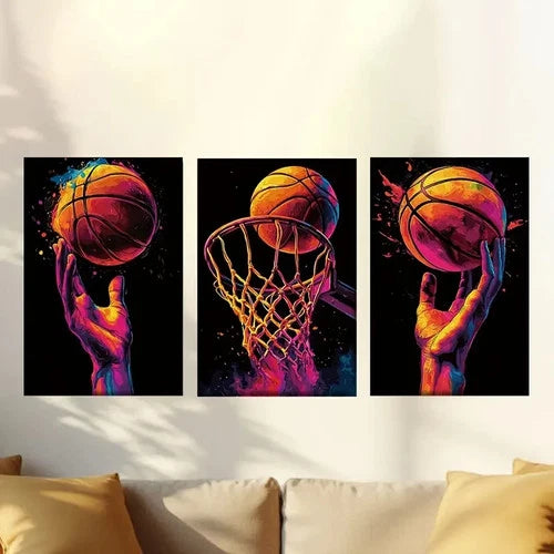 3pcs Vibrant Basketball Themed Posters Wall Art Set Canvas Framed 50x70cm - High Quality Print 100% Australian Made Wall Canvas Ready to Hang