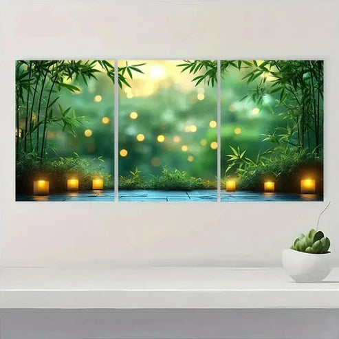 3pcs Serene Green Bamboo & Lanterns  Wall Art Set Canvas Unframed - High Quality Print 100% Australian Made Wall Canvas - Bella Home Decor