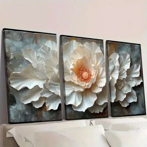 3pcs Featuring Beautiful White Floral Design Wall Art Set Canvas Unframed - High Quality Print 100% Australian Made Wall Canvas