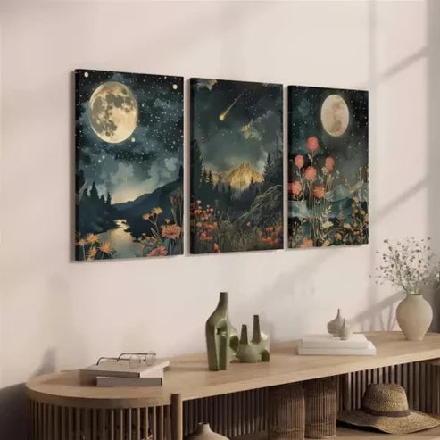 3pcs Moon & Wildflowers Mountain Art Set Canvas Unframed - High Quality Print 100% Australian Made Wall Canvas