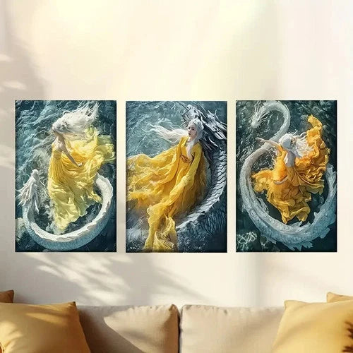 3pcs Three Women in Yellow Dresses are Floating Wall Art Set Canvas Framed 50x70cm - High Quality Print 100% Australian Made Wall Canvas Ready to Hang