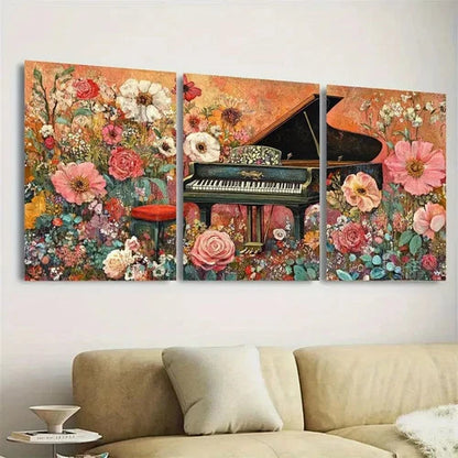 3pcs Enchanting Piano & Floral Wall Art Set Canvas Framed 50x70cm - High Quality Print 100% Australian Made Wall Canvas Ready to Hang