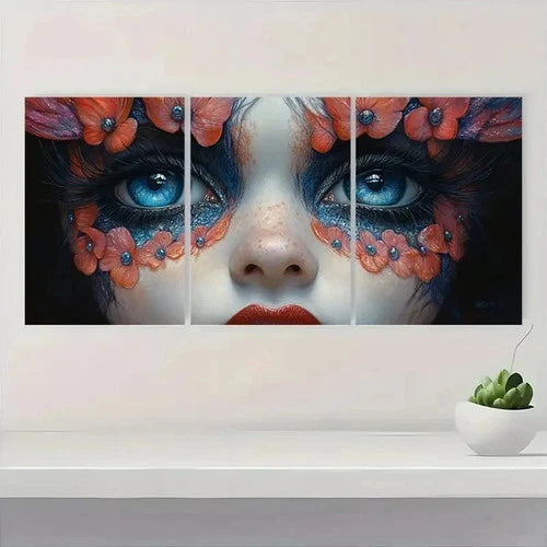 3pcs Vibrant Blue Eyes & Floral Design J Wall Art Set Canvas Framed 40x60cm - High Quality Print 100% Australian Made Wall Canvas Ready to Hang
