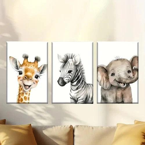 3pcs Giraffe, Zebra, Elephant Illustrations Wall Art Set Canvas Framed 50x70cm - High Quality Print 100% Australian Made Wall Canvas Ready to Hang - Bella Home Decor